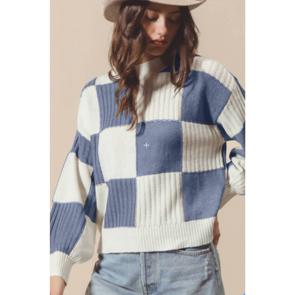 NEW SO ME check sweater top in blue